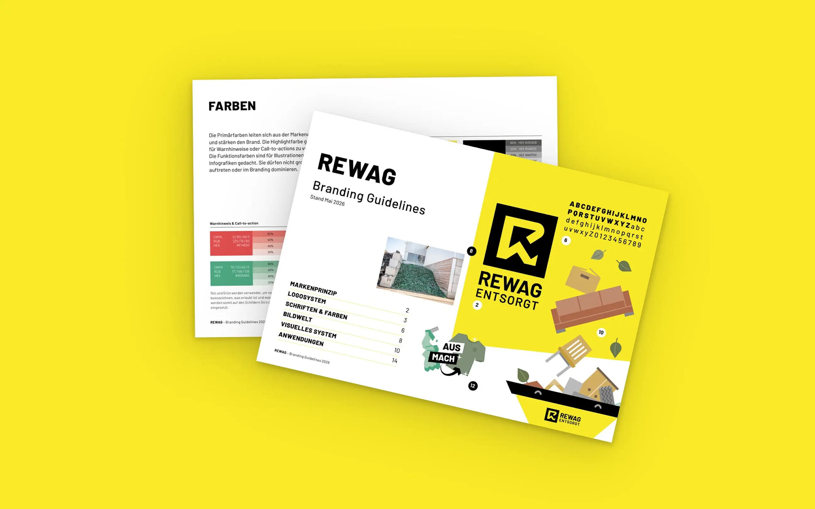 Zwei Blätter aus dem Corporate Design von REWAG AG, aufgefächert auf der Kundenfarbe