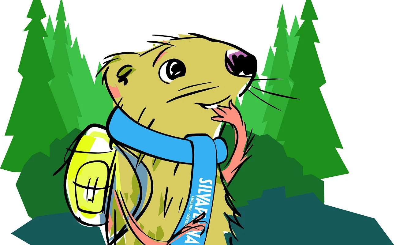 Niculin, das Murmeltier-Maskottchen von Silvaplana, mit Rucksack und blauem Schal vor Tannen