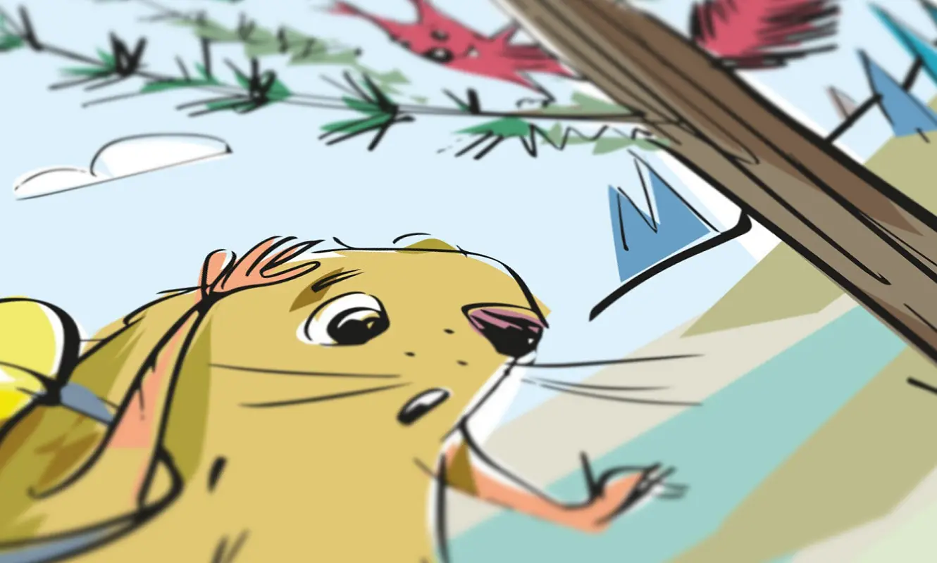 Illustration: Niculin wandert mit Rucksack durch den Wald, ein Eichhörnchen sitzt am Baum