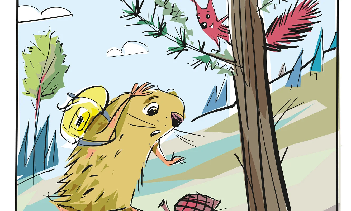 Illustration: Niculin wandert mit Rucksack durch den Wald, ein Eichhörnchen sitzt am Baum