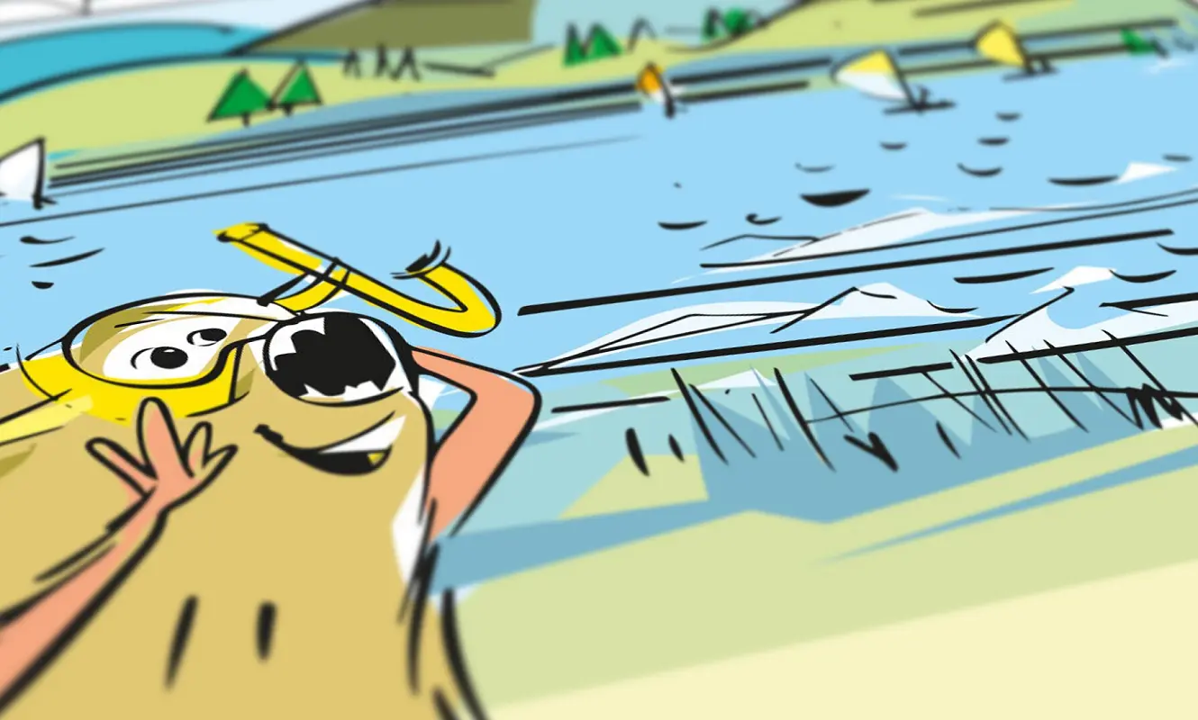 Illustration: Niculin mit Taucherbrille und Schnorchel am Ufer des Silvaplanersees mit Segelbooten