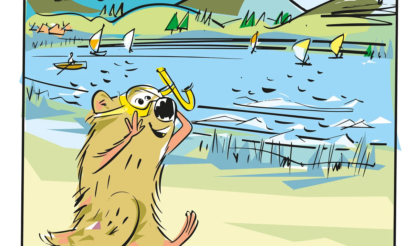 Illustration: Niculin mit Taucherbrille und Schnorchel am Ufer des Silvaplanersees mit Segelbooten
