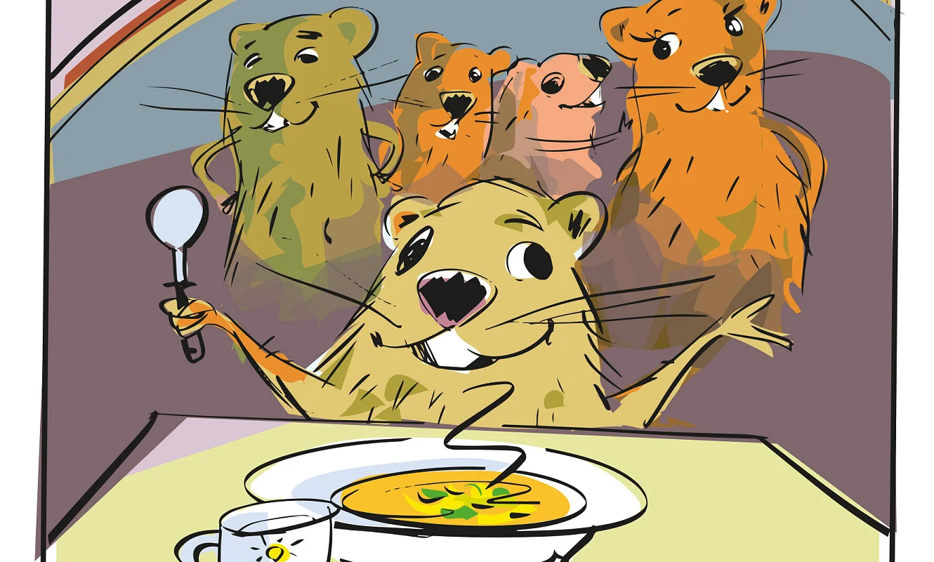 Illustration: Niculin isst Suppe am Tisch, die Murmeltierfamilie schaut zu
