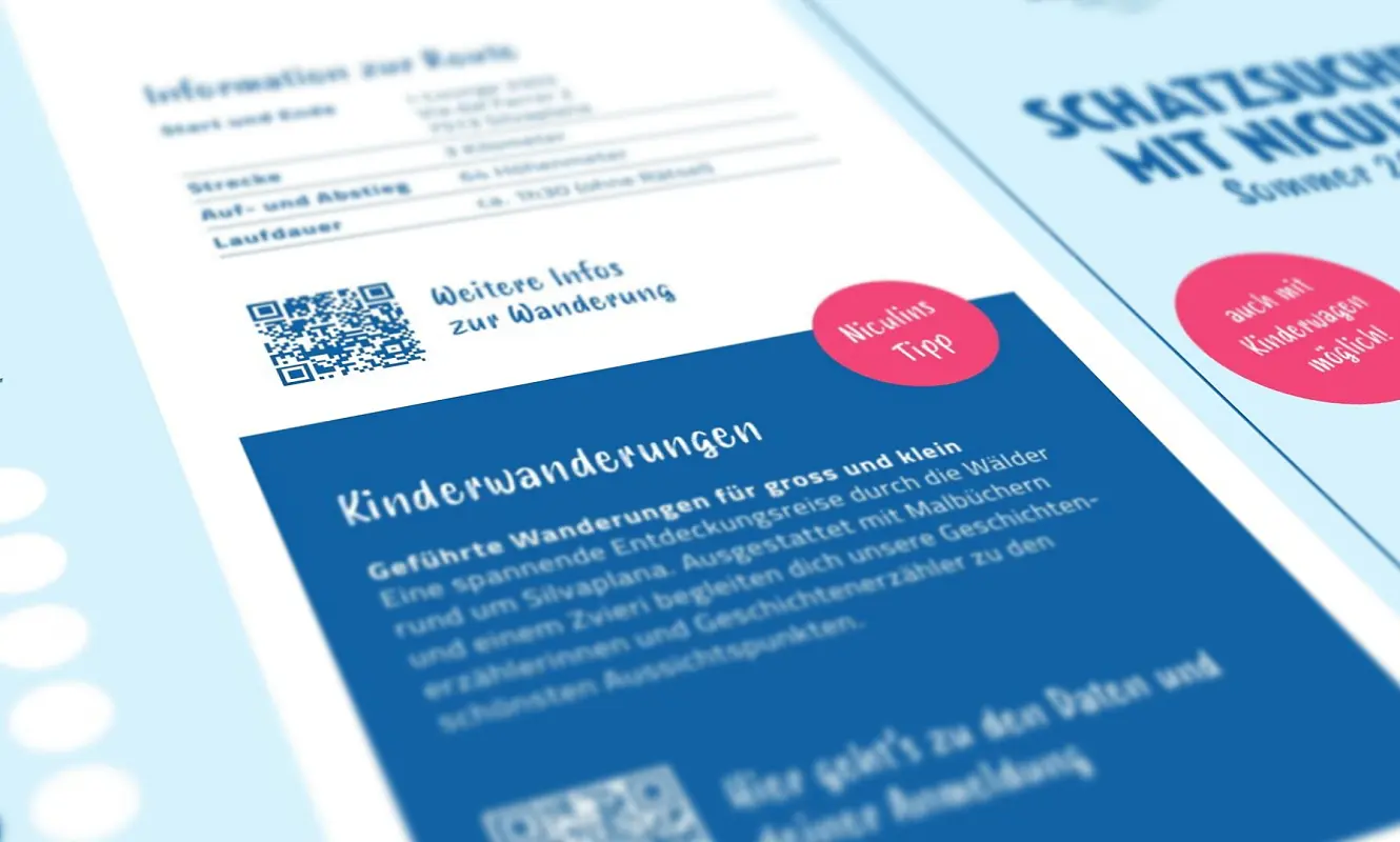 Faltflyer «Schatzsuche mit Niculin, Sommer 2026» mit Spielregeln, Routeninfos und Lösungsfeldern