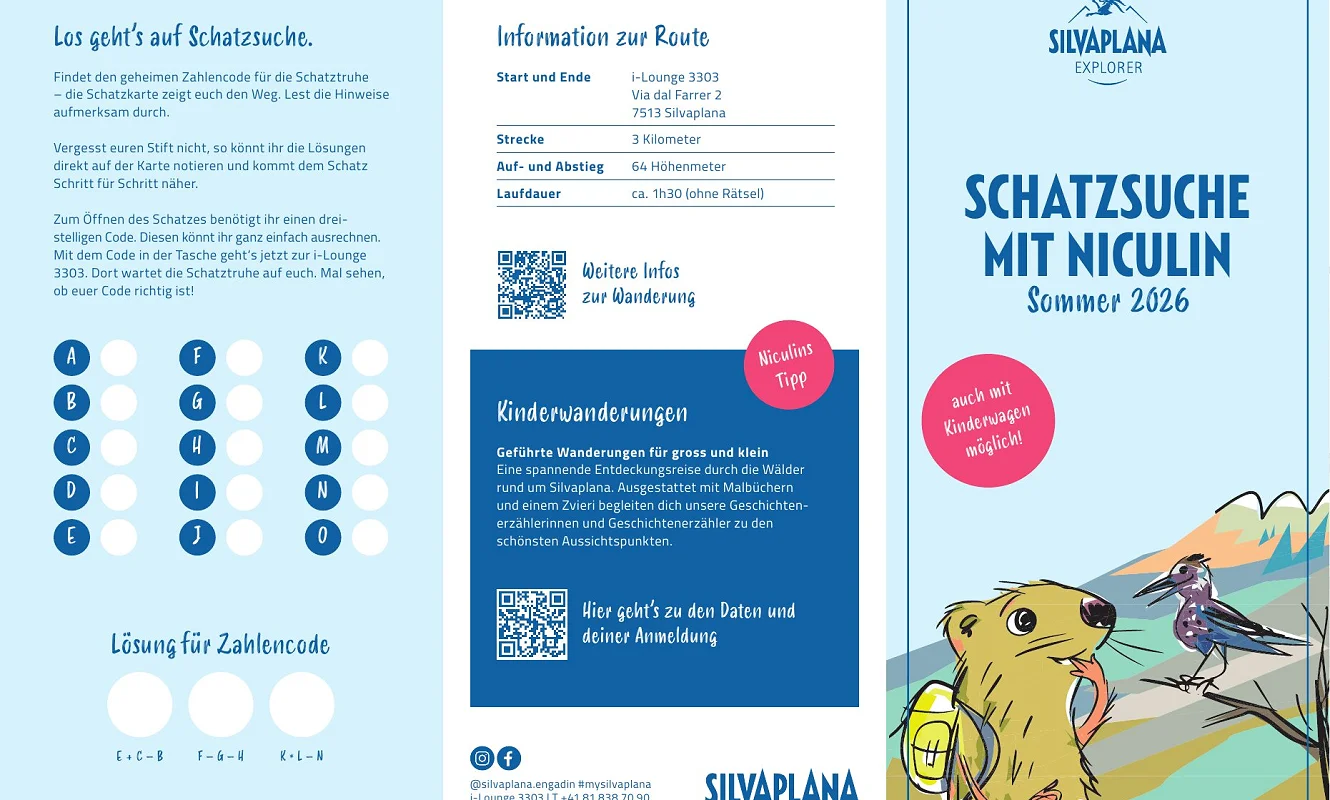 Faltflyer «Schatzsuche mit Niculin, Sommer 2026» mit Spielregeln, Routeninfos und Lösungsfeldern