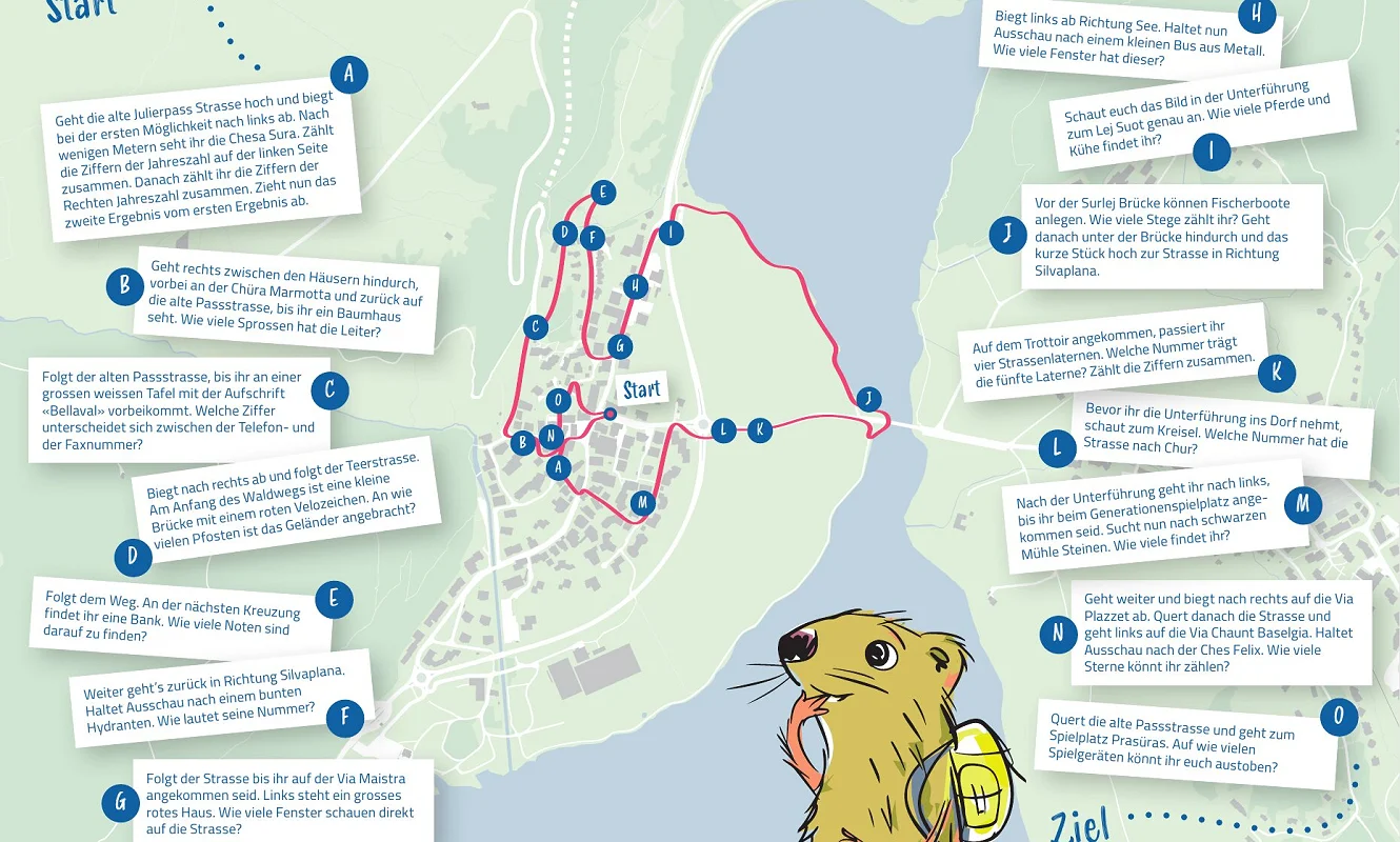 Innenseite des Schatzsuche-Flyers: illustrierte Karte von Silvaplana mit Route und Posten