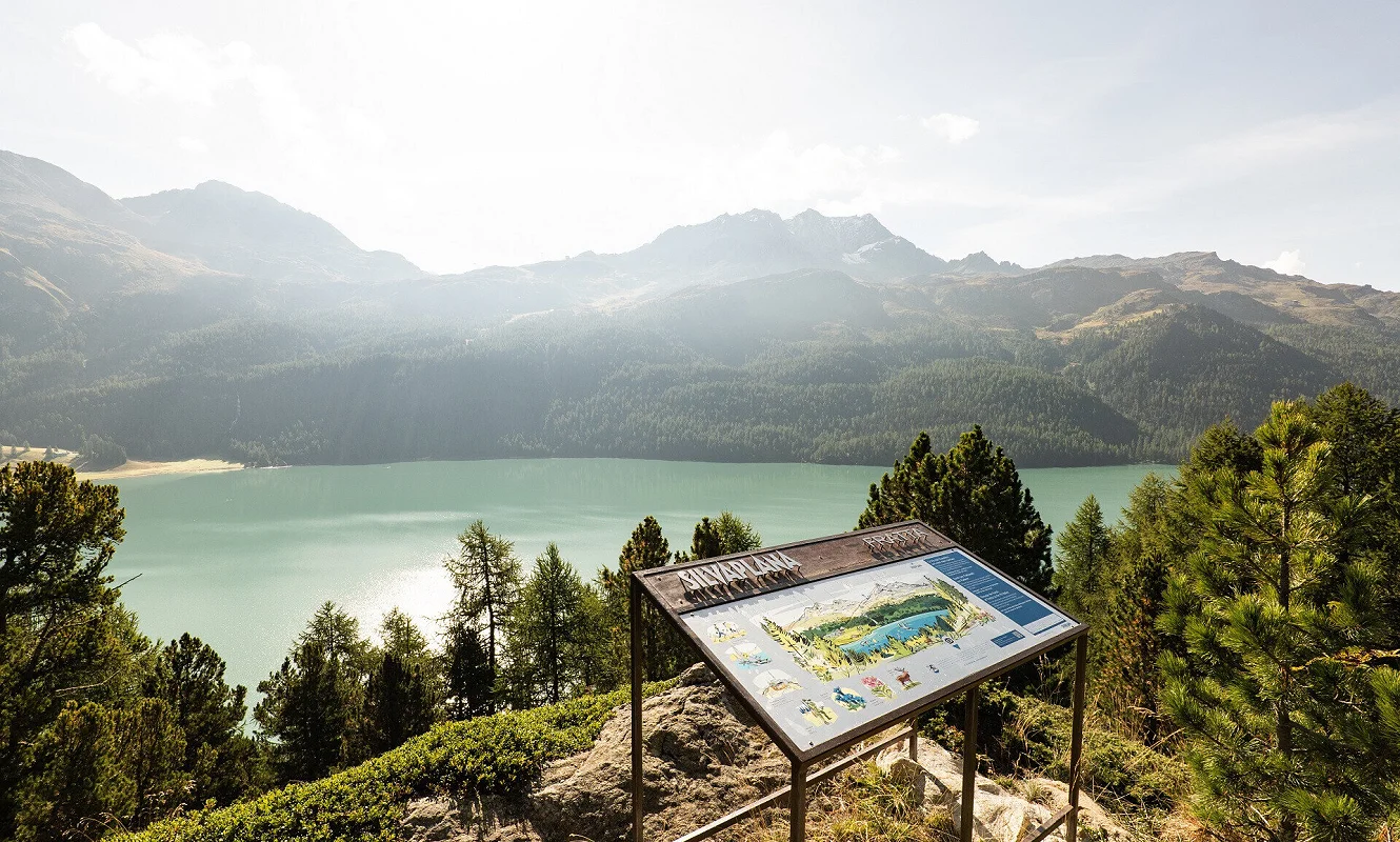 Panoramatafel im Gegenlicht über dem Silvaplanersee mit Bergkette