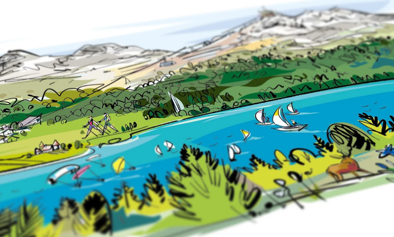 Illustriertes Wimmelbild des Silvaplanersees mit Bergen, Segelbooten und Dorf