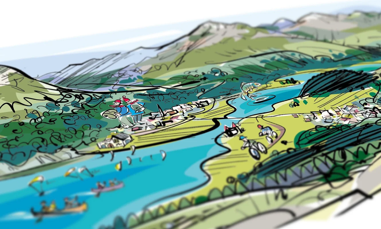 Illustriertes Wimmelbild der Oberengadiner Seenlandschaft mit Kitesurfern und Wanderwegen