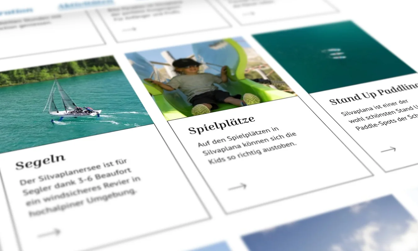 Website Silvaplana, Aktivitäten als Kachelraster mit Schwimmen, Segeln, Spielplätze und Stand Up Paddling