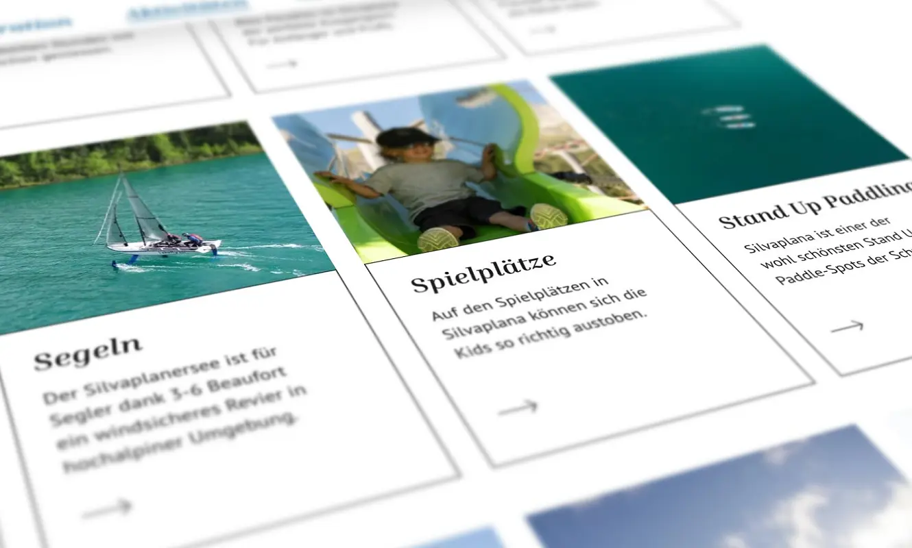 Website Silvaplana, Aktivitäten als Kachelraster mit Schwimmen, Segeln, Spielplätze und Stand Up Paddling