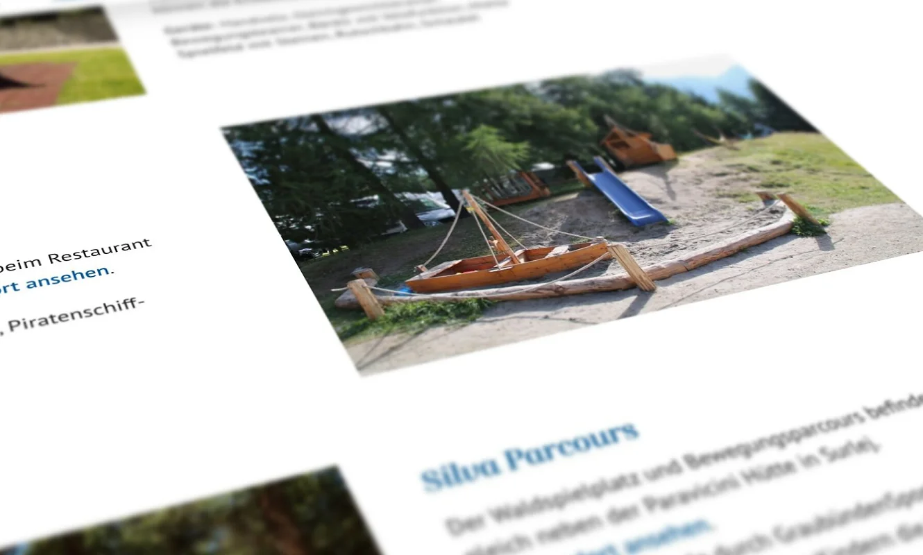 Website Silvaplana, Seite Spielplätze mit dem Piratenspielplatz: Beschreibung, Spielgeräte und Link zum Standort