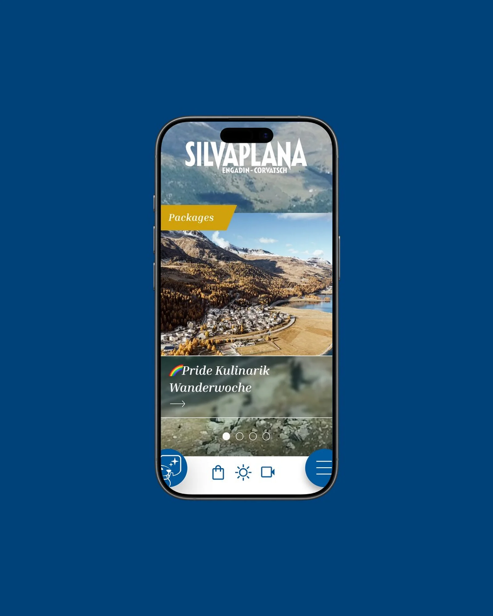 App-Ansicht von Silvaplana Tourismus auf einem iPhone, vor einer Fläche in der Kundenfarbe
