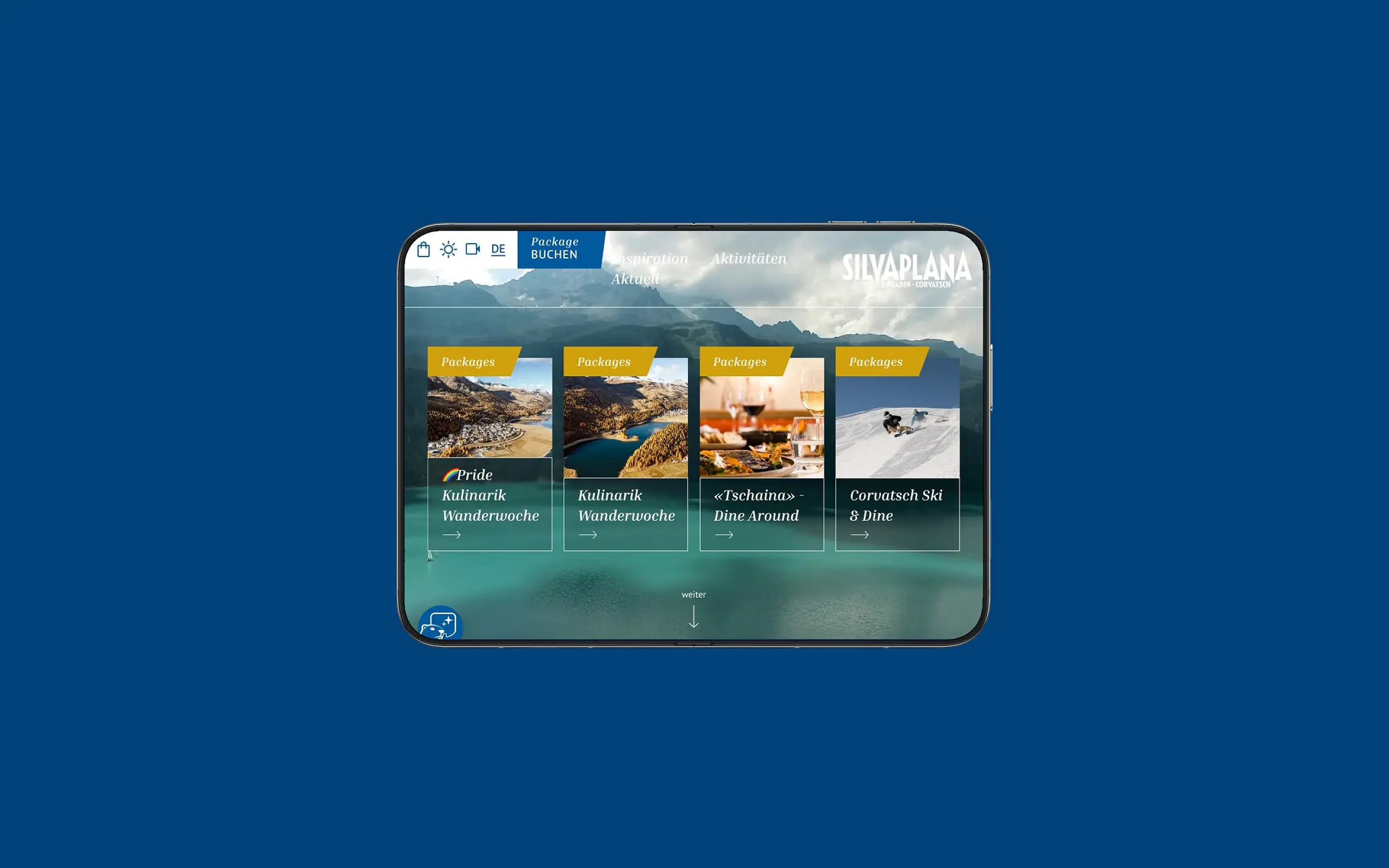 App-Ansicht von Silvaplana Tourismus auf einem iPhone, vor einer Fläche in der Kundenfarbe
