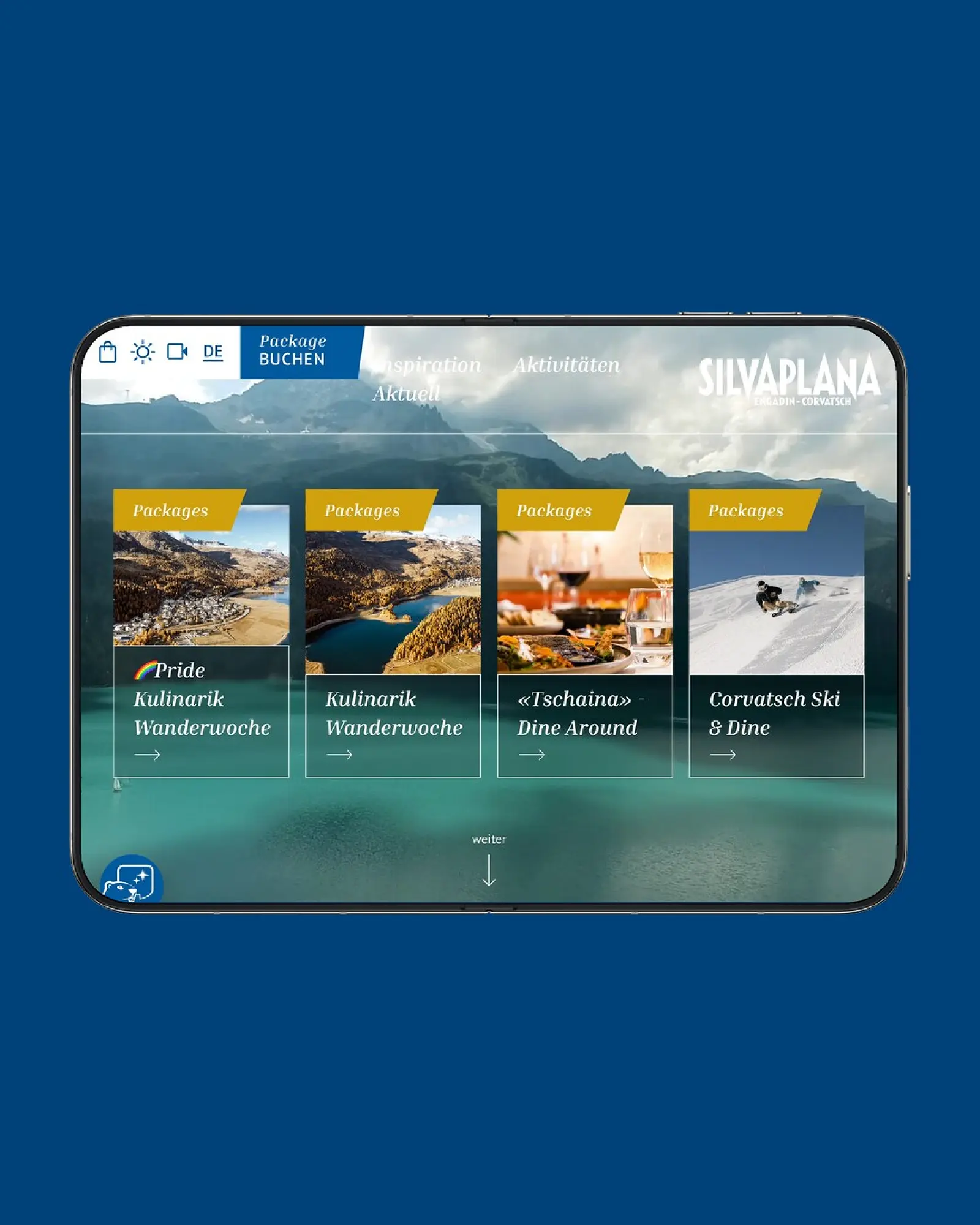 App-Ansicht von Silvaplana Tourismus auf einem iPhone, vor einer Fläche in der Kundenfarbe