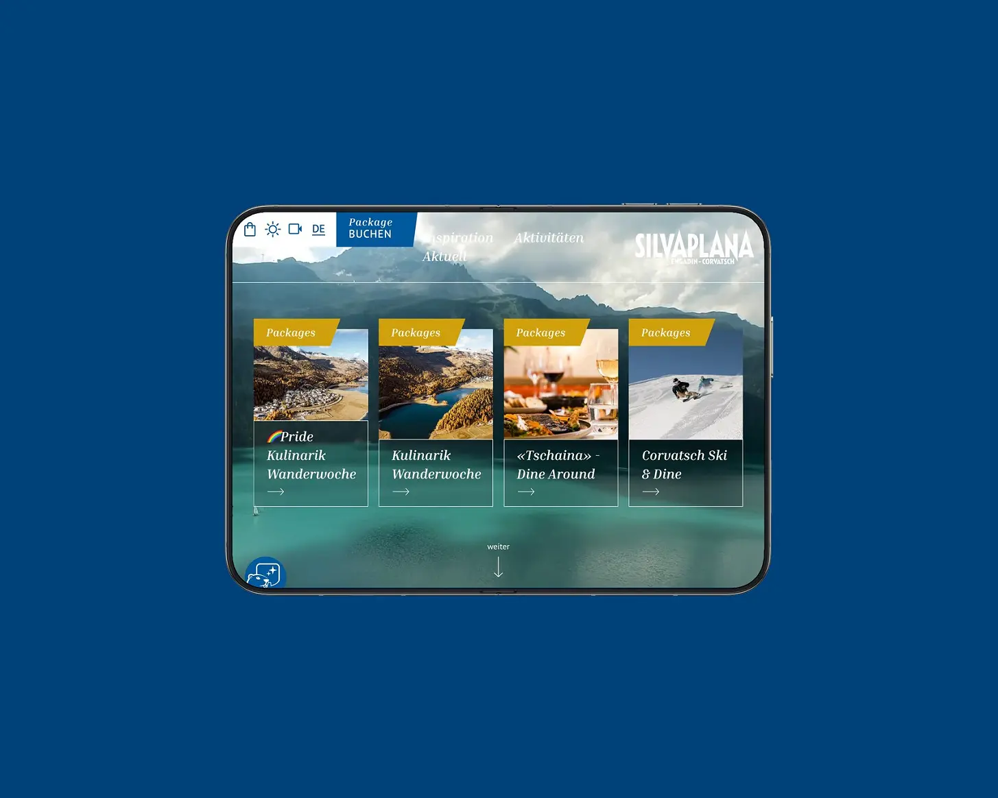 App-Ansicht von Silvaplana Tourismus auf einem iPhone, vor einer Fläche in der Kundenfarbe
