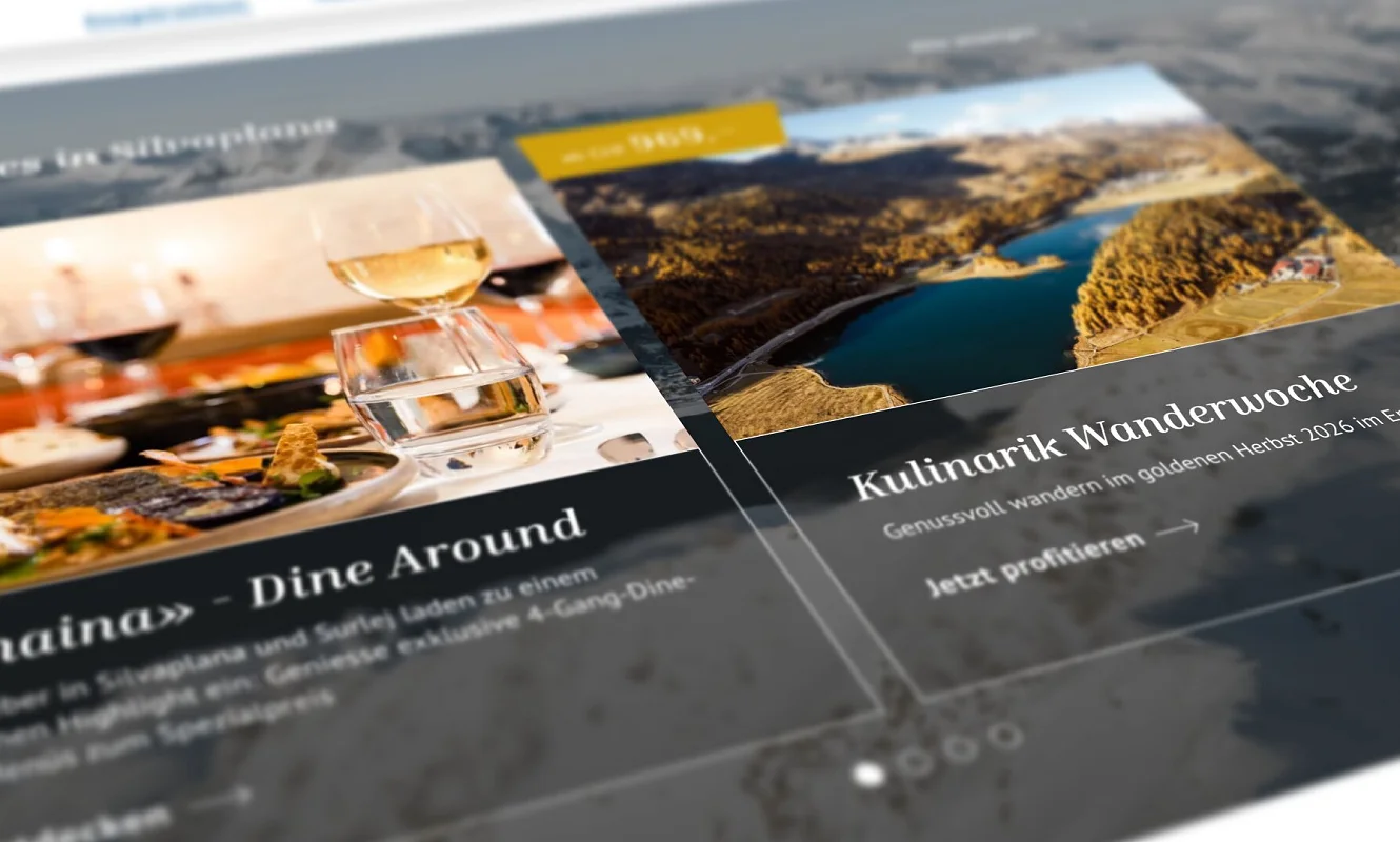 Website Silvaplana, Angebotskarten «Dine Around» und «Kulinarik Wanderwoche», perspektivisch