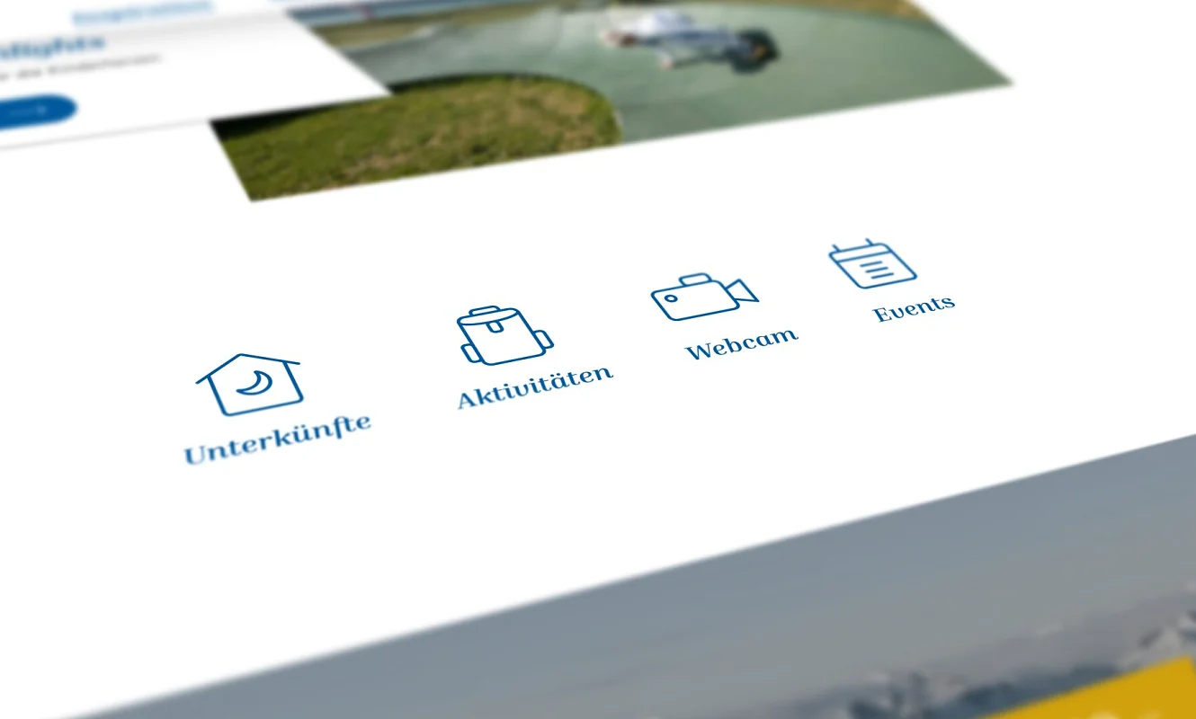 Website Silvaplana, Icon-Leiste mit Unterkünften, Aktivitäten, Webcams und Events, perspektivisch