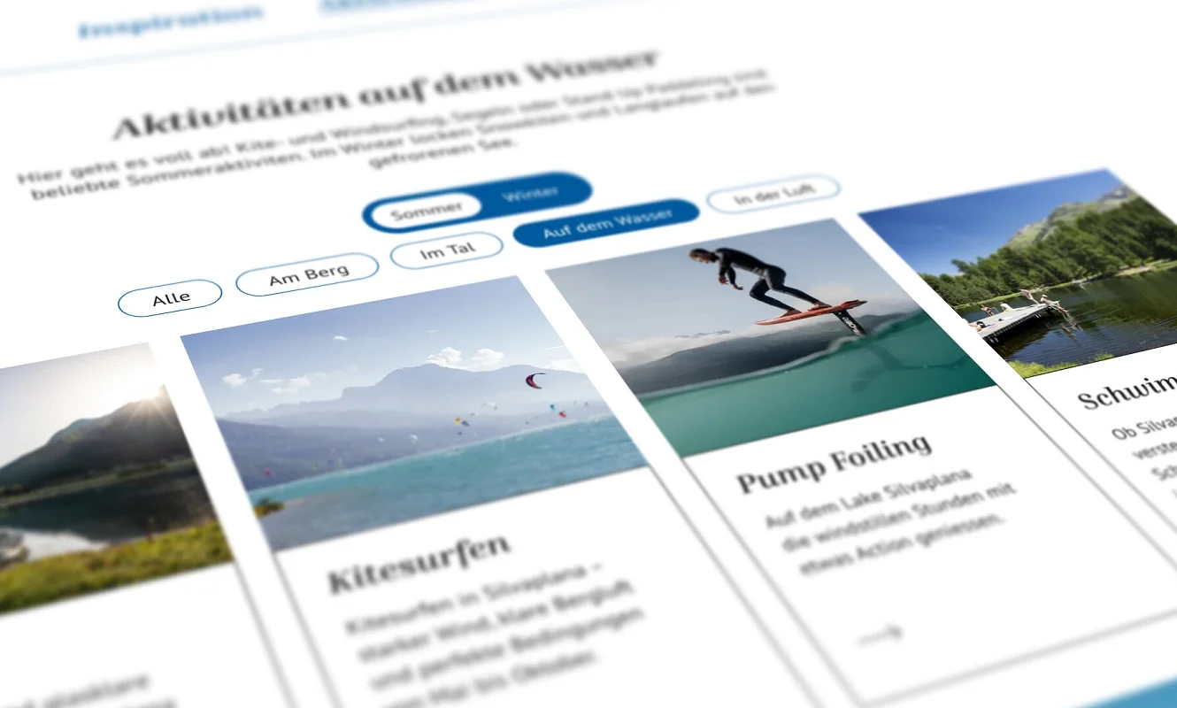 Website Silvaplana, Abschnitt «Aktivitäten auf dem Wasser» mit Kitesurfen und Pumpfoiling, perspektivisch
