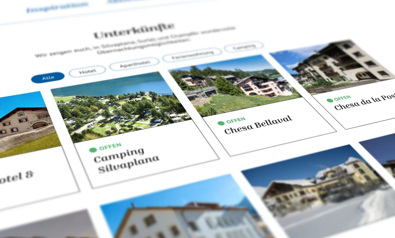 Website Silvaplana, Abschnitt «Unterkünfte» mit Hotel- und Campingkarten, perspektivisch
