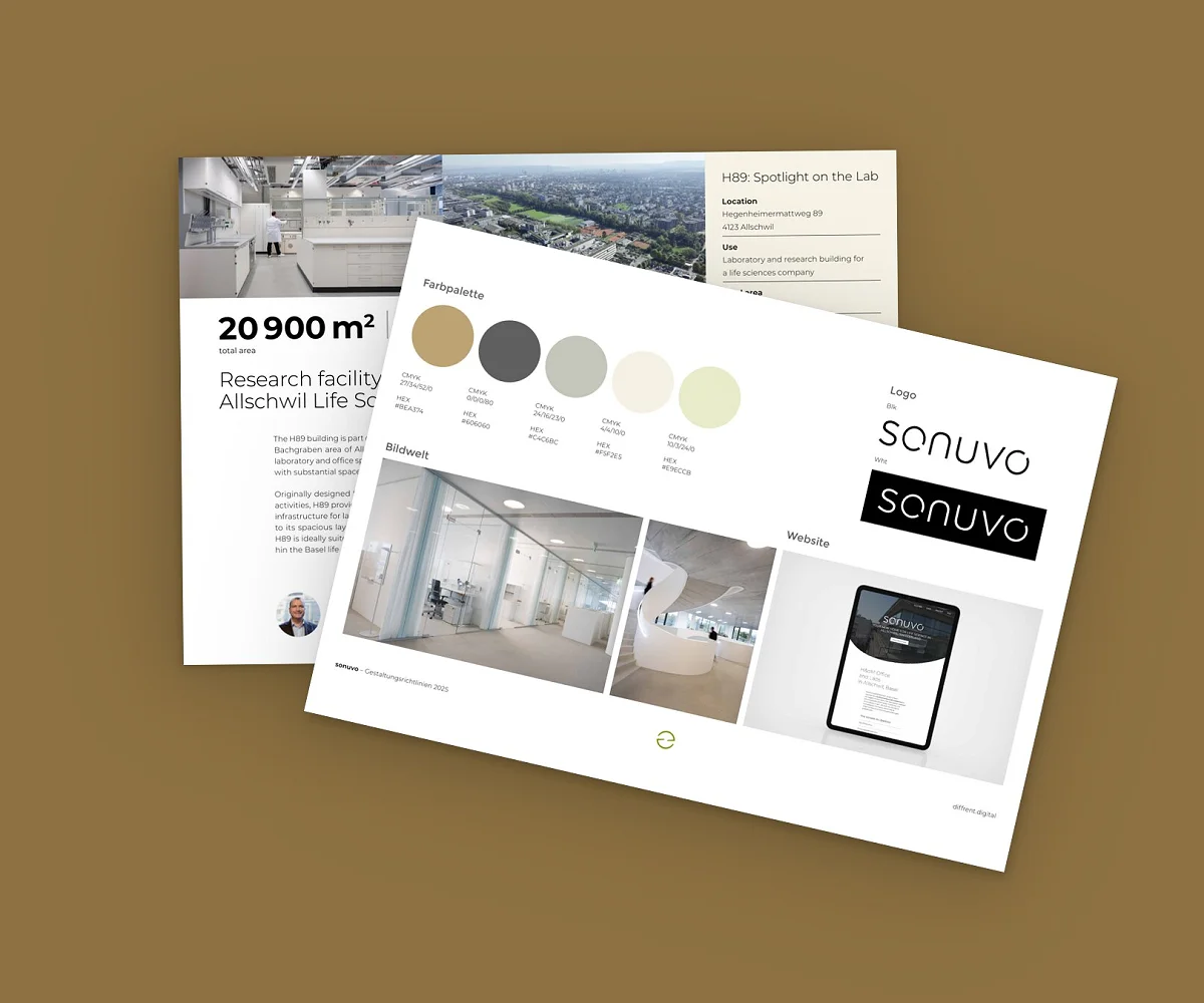 Zwei Blätter aus dem Corporate Design von SONUVO, aufgefächert auf der Kundenfarbe