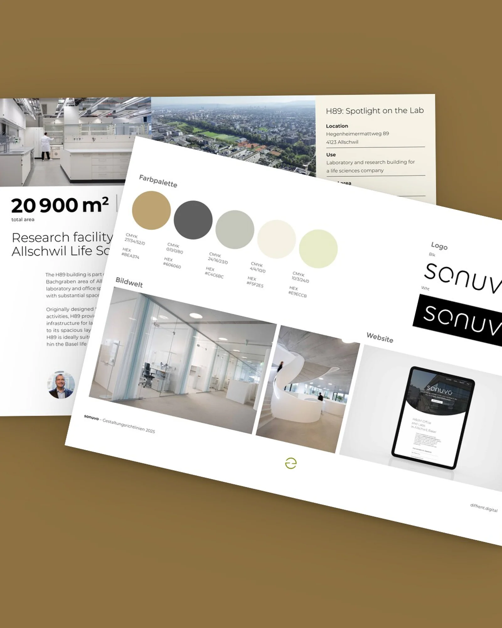 Zwei Blätter aus dem Corporate Design von SONUVO, aufgefächert auf der Kundenfarbe