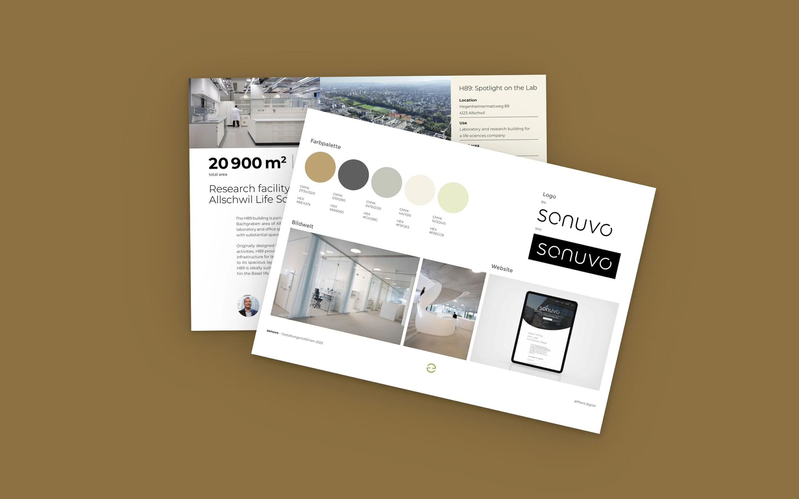Zwei Blätter aus dem Corporate Design von SONUVO, aufgefächert auf der Kundenfarbe