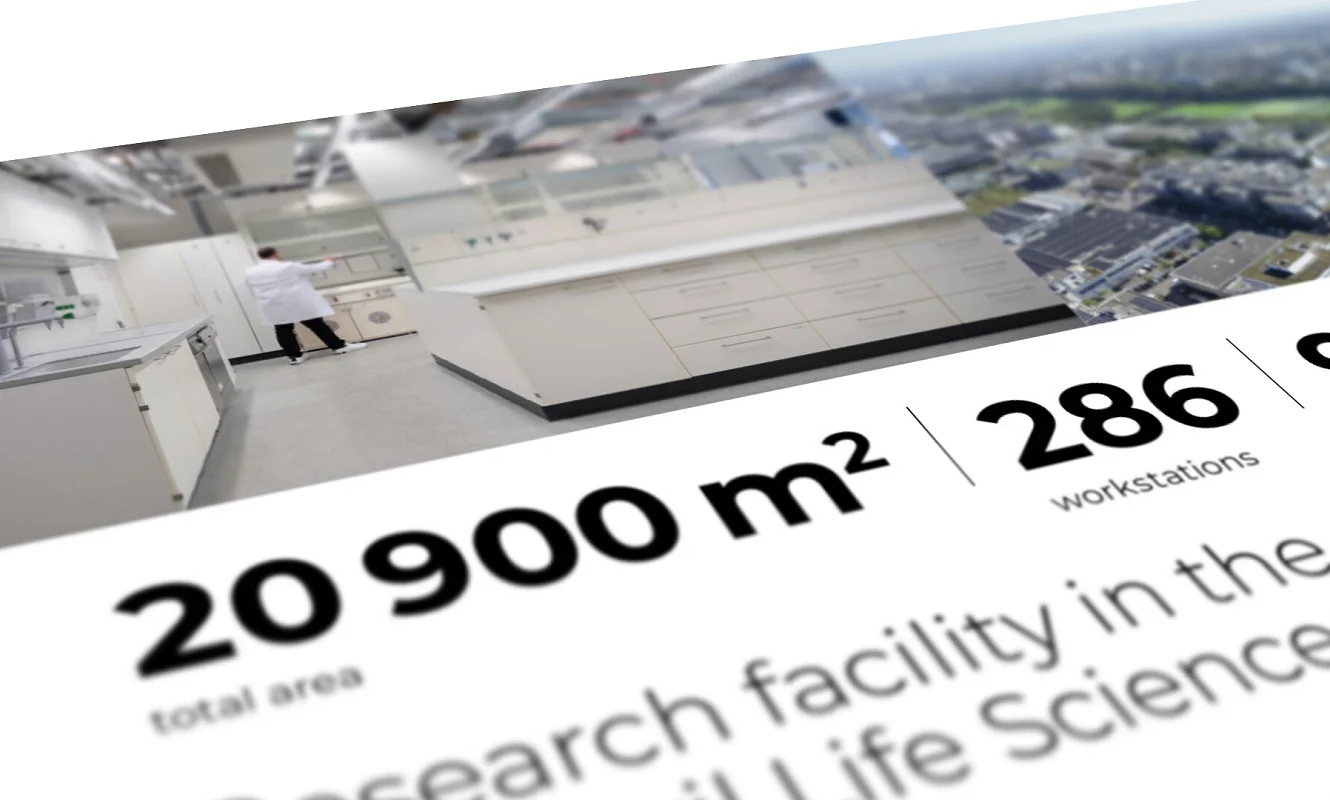 Angeschrägte Ansicht des Factsheets H89: 20 900 m², 286 Arbeitsplätze, 9 Geschosse, Research facility in the Allschwil Life Sciences Cluster