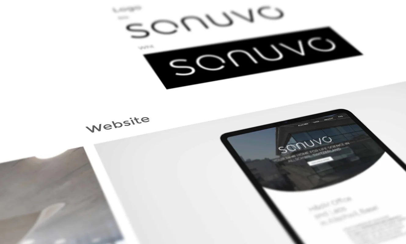 Angeschrägte Ansicht der SONUVO-Guidelines: Wortmarke positiv und negativ, darunter der Abschnitt Website