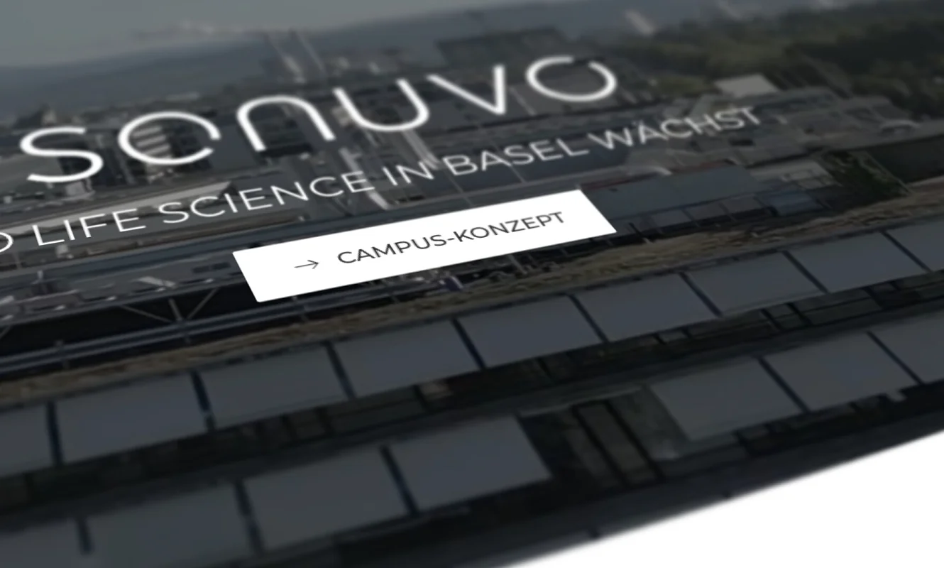 Angeschrägte Ansicht der Startseite von sonuvo.ch: Wortmarke, «Wo Life Science in Basel wächst» und Button «Campus-Konzept» über der Glasfassade