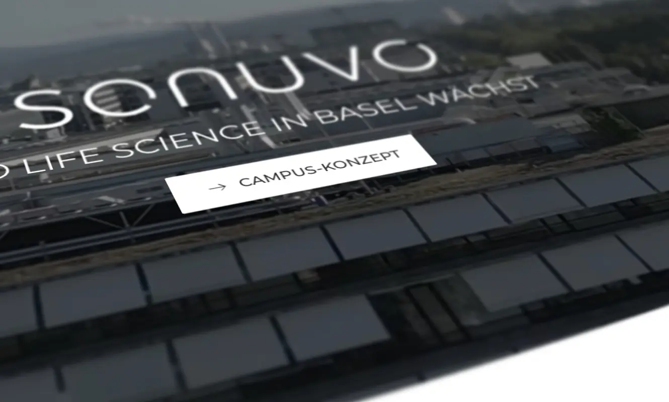 Angeschrägte Ansicht der Startseite von sonuvo.ch: Wortmarke, «Wo Life Science in Basel wächst» und Button «Campus-Konzept» über der Glasfassade