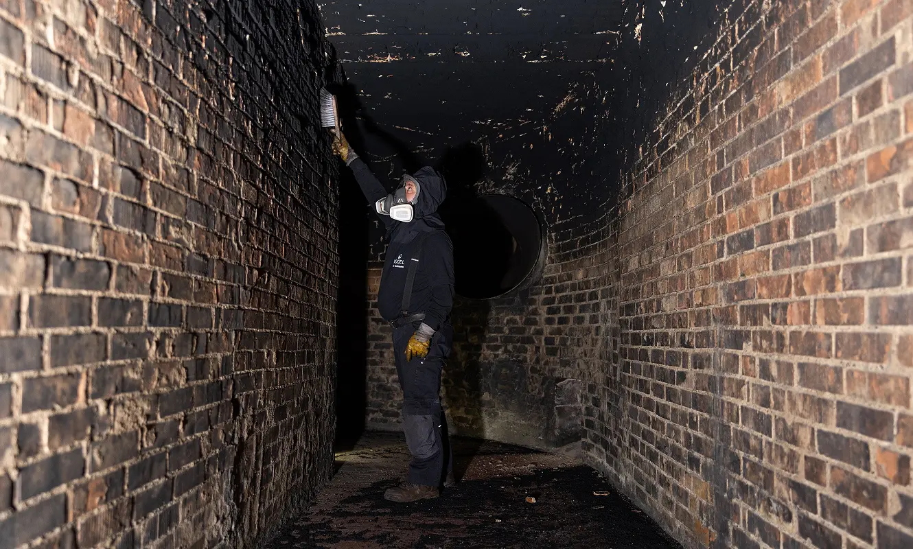 Person mit Atemschutzmaske reinigt einen gemauerten Rauchkanal mit der Taschenlampe in der Hand